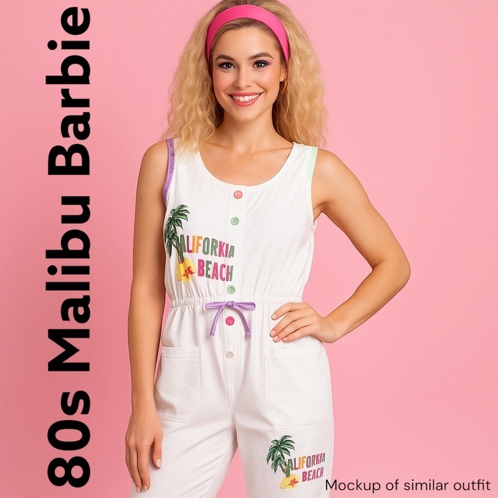 Vintage 80s Beachy Romper Jumpsuit Sz M White California Graphic Retro Costume